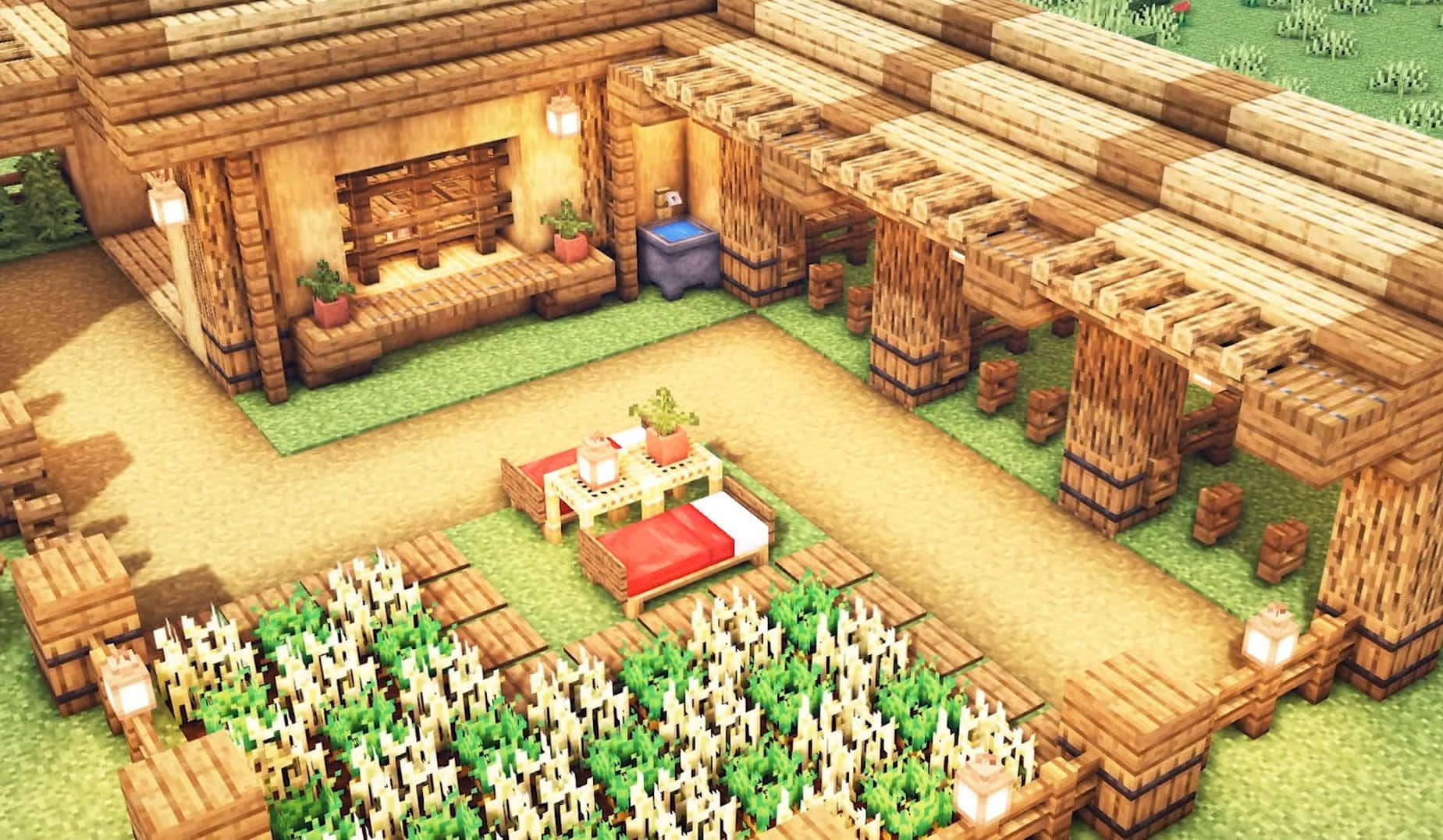 Minecraft, pixel-art cabin, wooden beams, HD Desktop Wallpaper