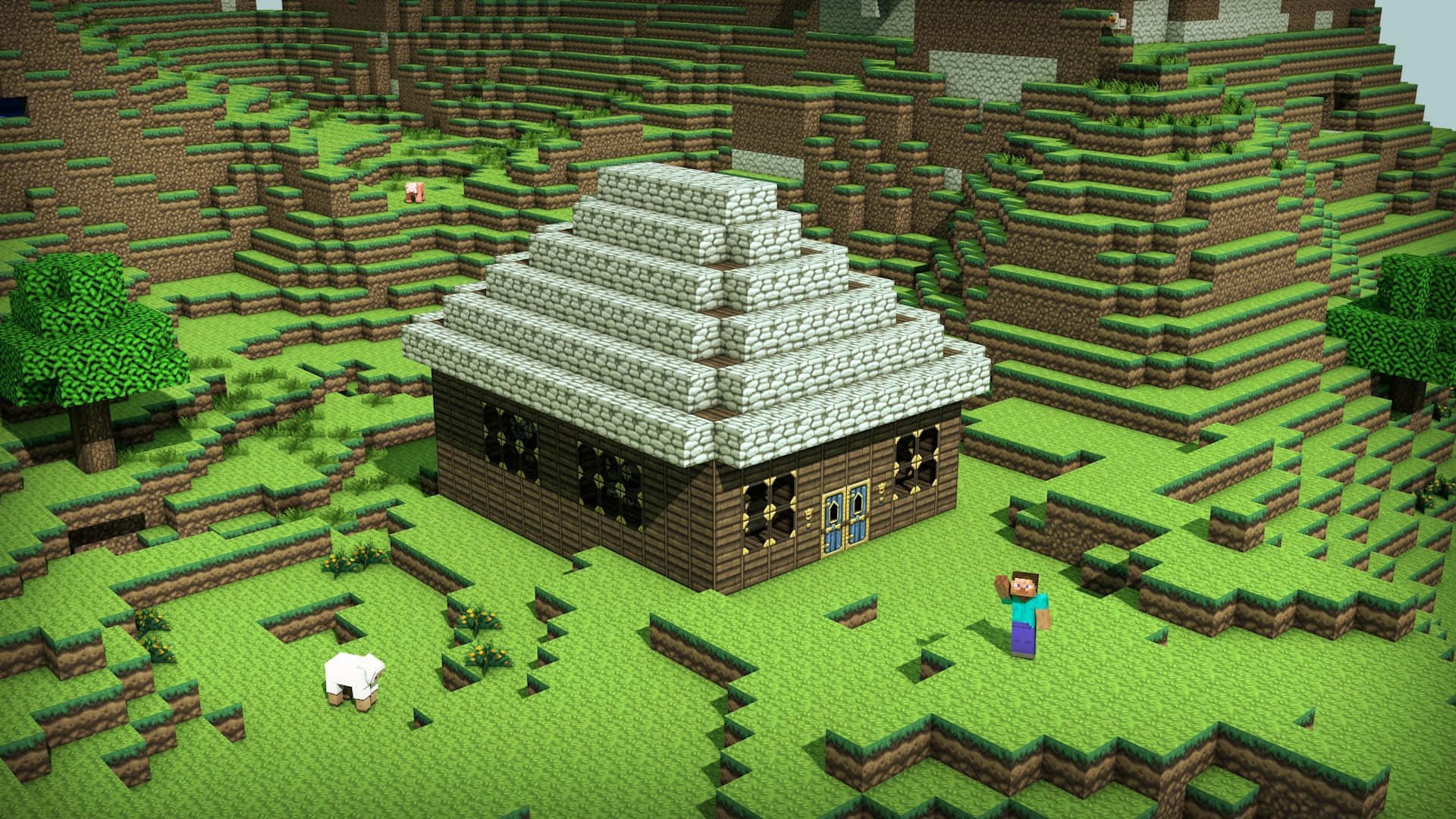 Minecraft, Minecraft house, stone roof, Full HD Desktop Wallpaper