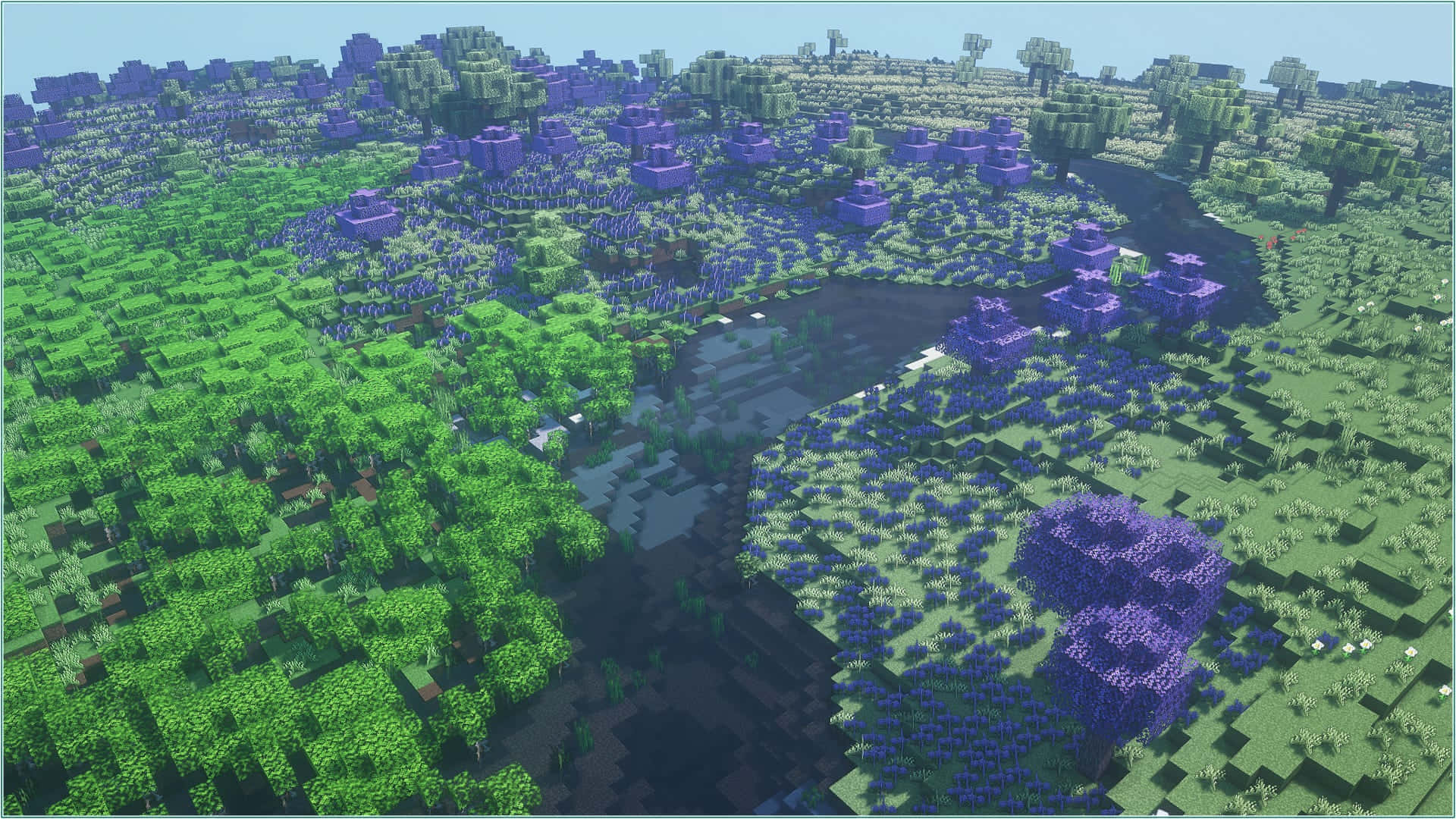 Minecraft, green forests, purple flowers, Full HD Desktop Wallpaper