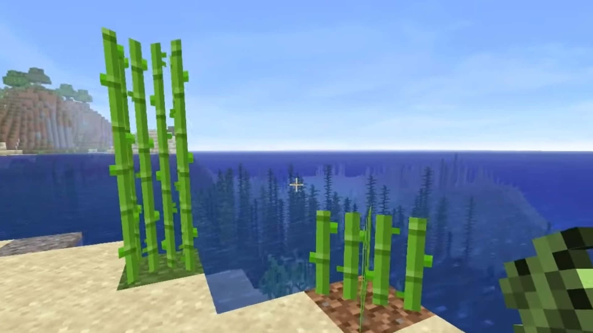 Minecraft, green sea grass, distant island, Full HD Desktop Wallpaper