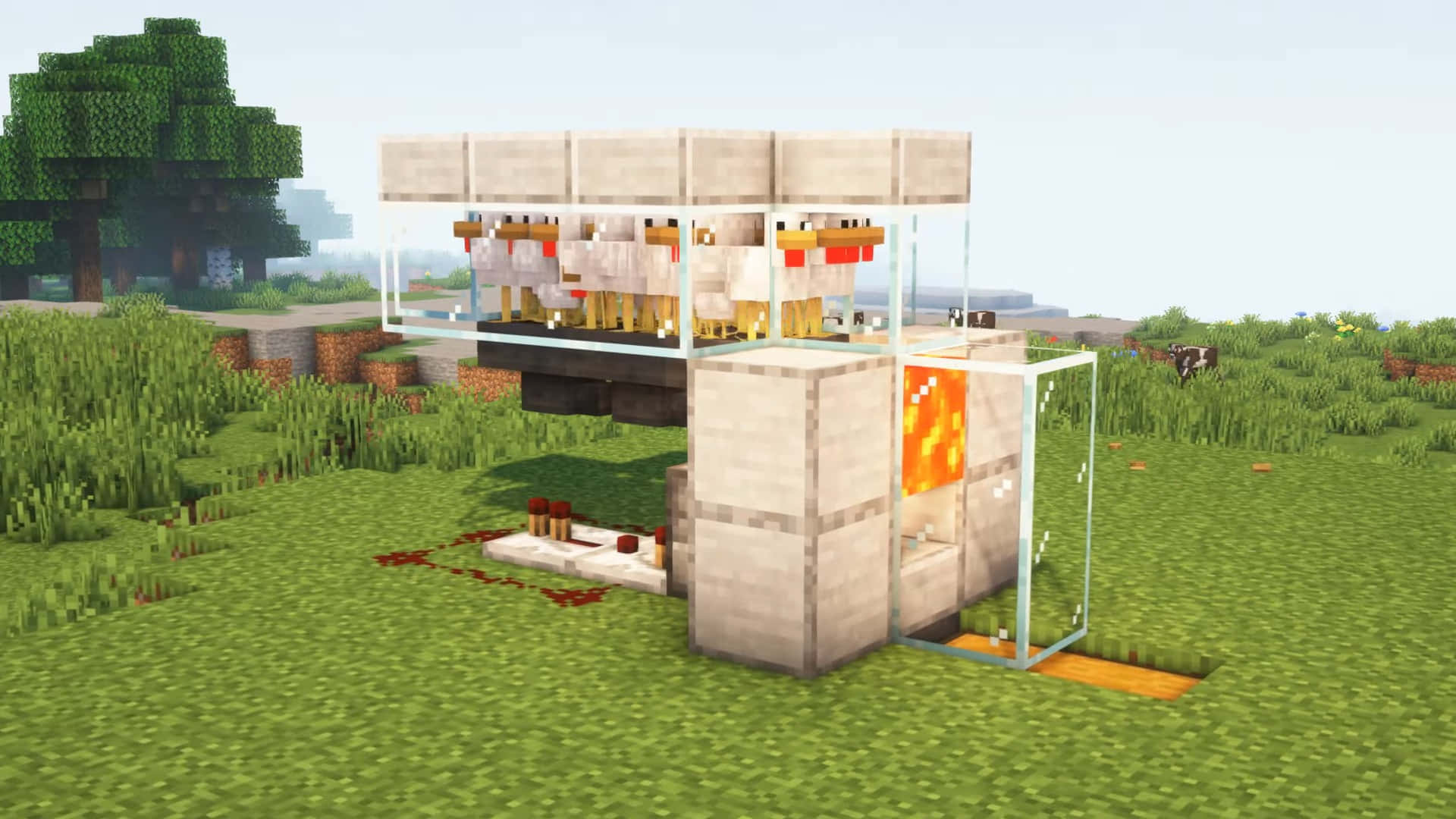 Minecraft, glass and stone barn, sheep with red wool, Full HD Desktop Wallpaper