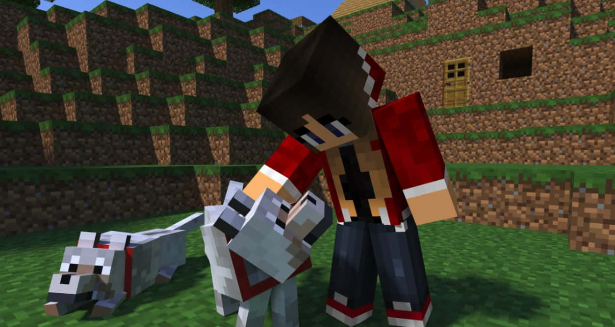 Minecraft, red jacket, white dog, SD Desktop Wallpaper