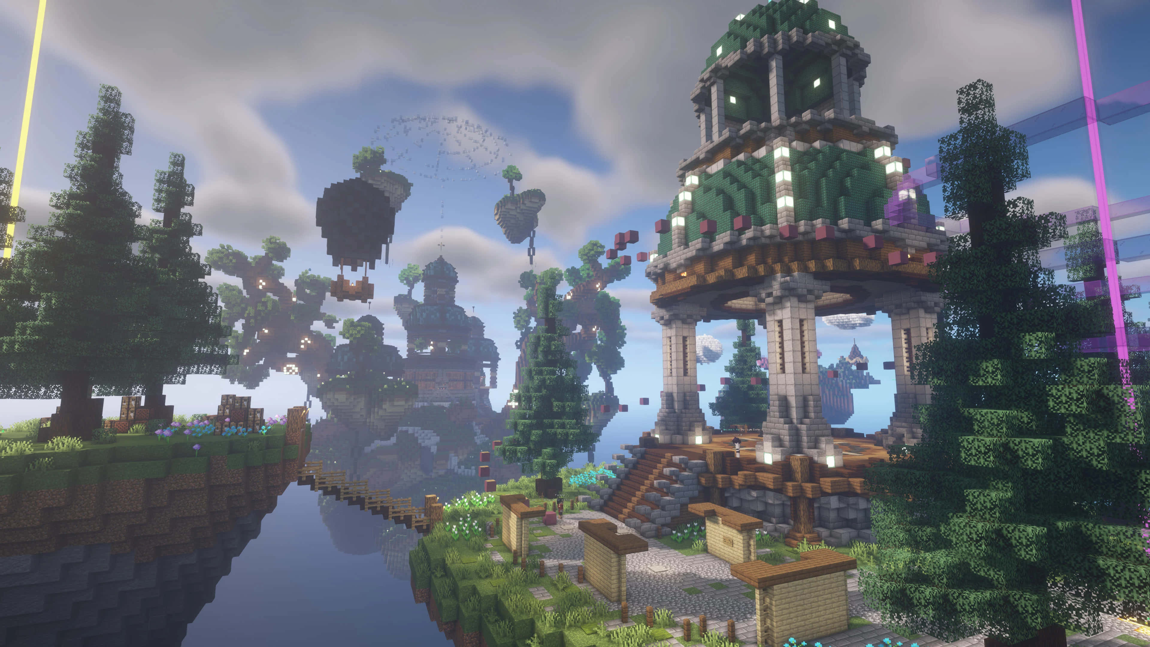 Minecraft, floating islands, glowing towers, 4K Desktop Wallpaper
