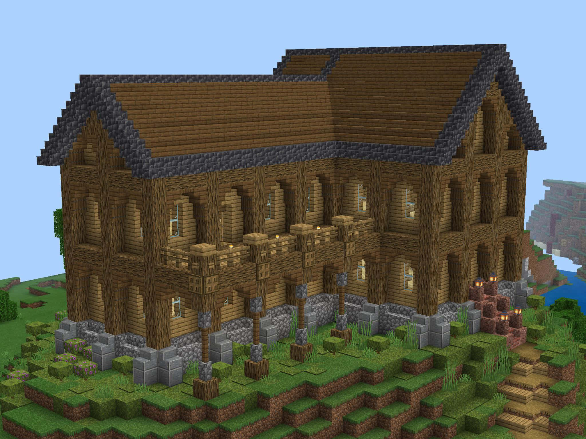 Minecraft, pixelated wooden house, stone foundation, Full HD Desktop Wallpaper