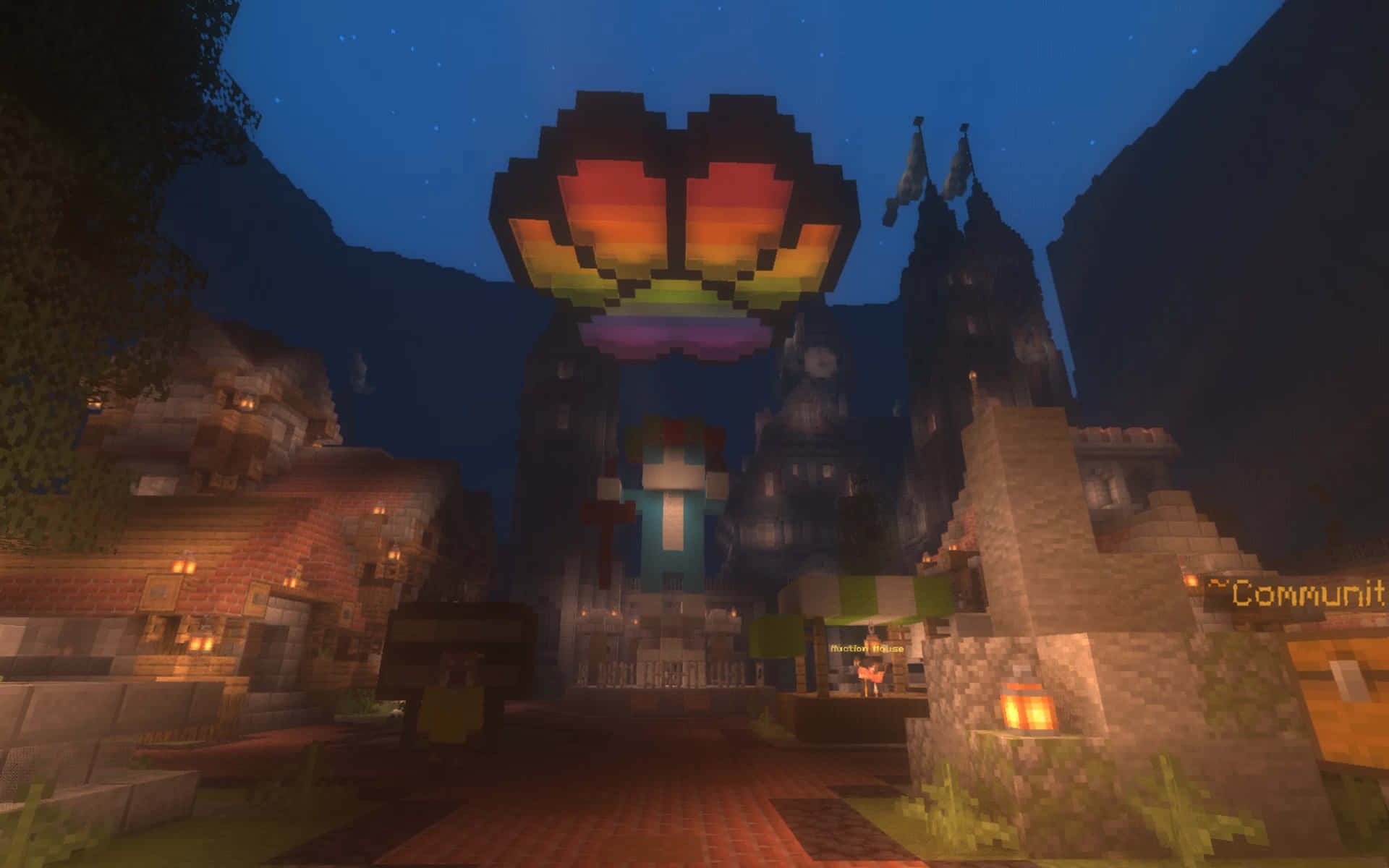 Minecraft, village, night, Full HD Desktop Wallpaper
