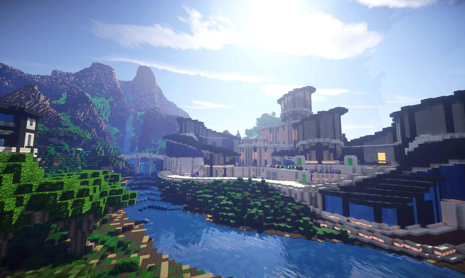 Minecraft, blocky mountains, rivers, Full HD Desktop Wallpaper