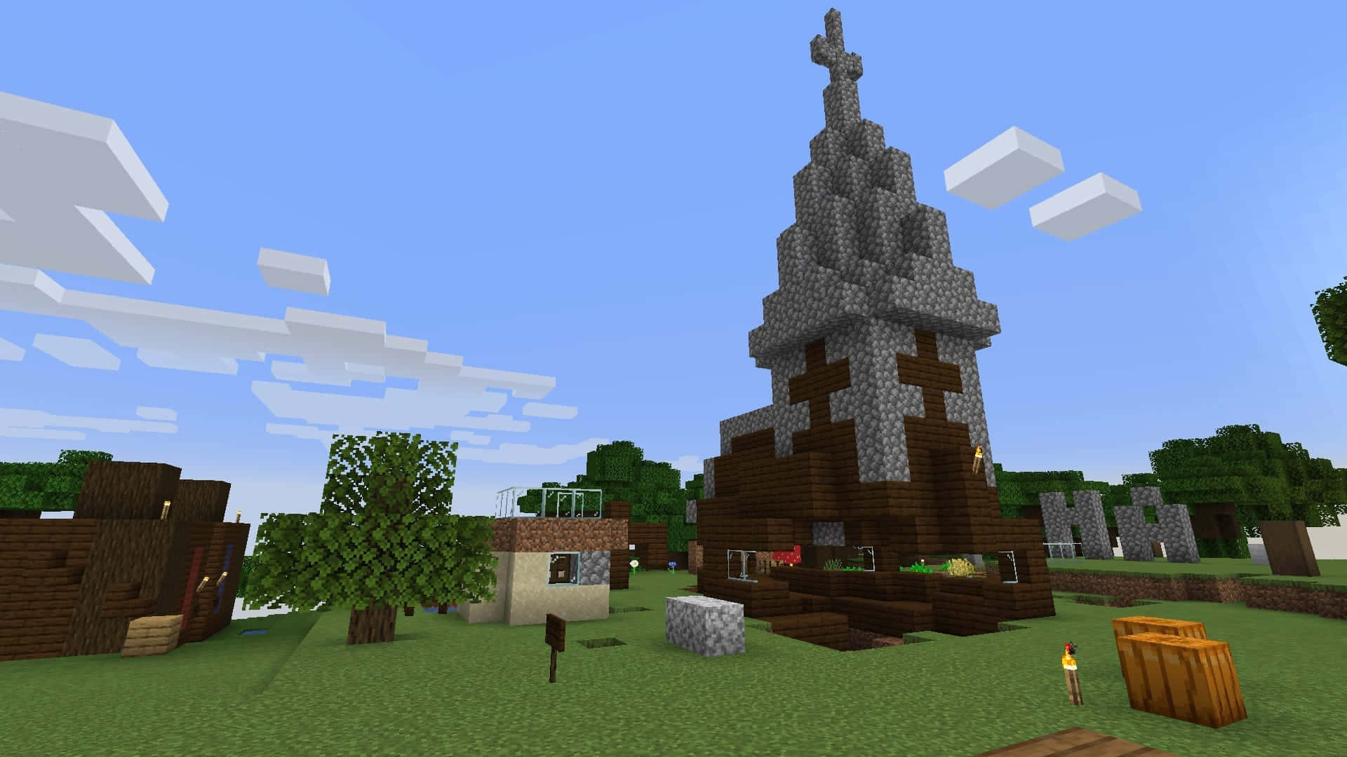 Minecraft, stone steeple, wooden base, Full HD Desktop Wallpaper