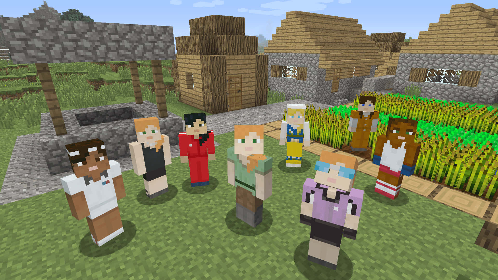 Minecraft, villagers, wooden buildings, Full HD Desktop Wallpaper