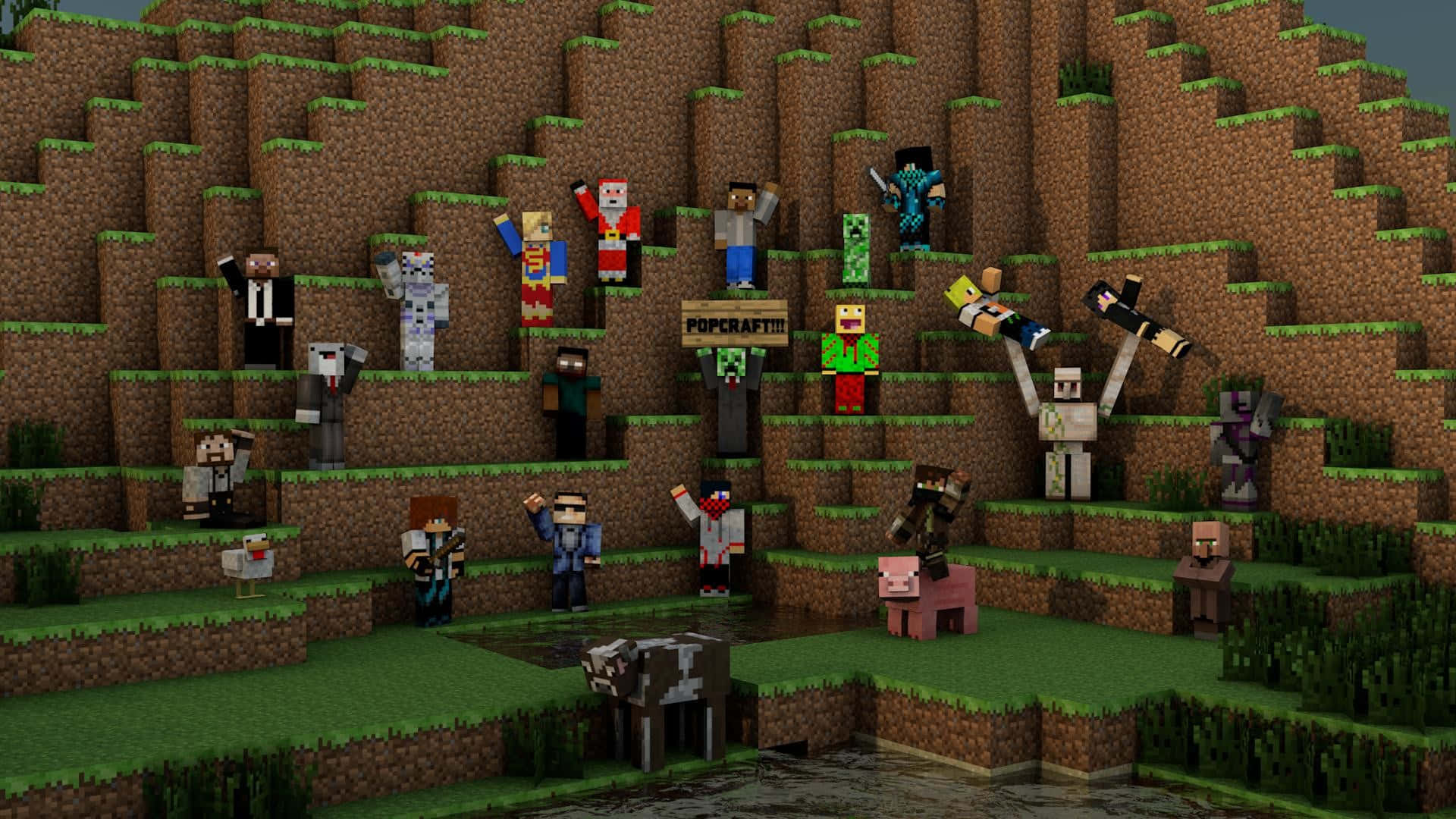 Minecraft, pixelated characters, animals, Full HD Desktop Wallpaper