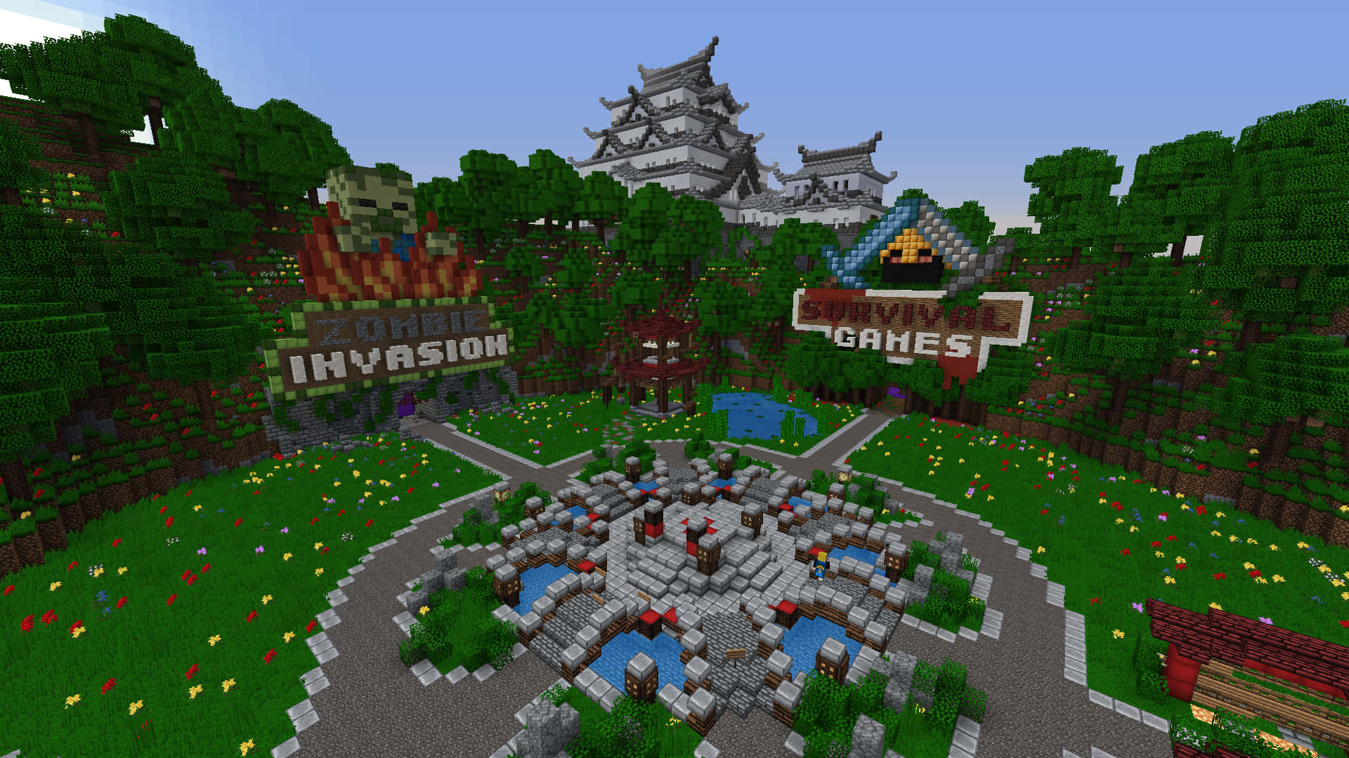 Minecraft, pixelated village, stone paths, Full HD Desktop Wallpaper