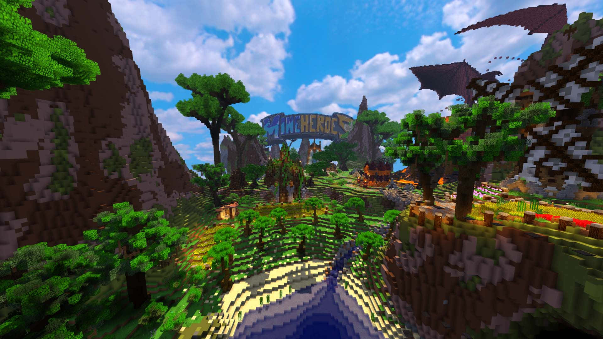 Minecraft, dragon, village, Full HD Desktop Wallpaper