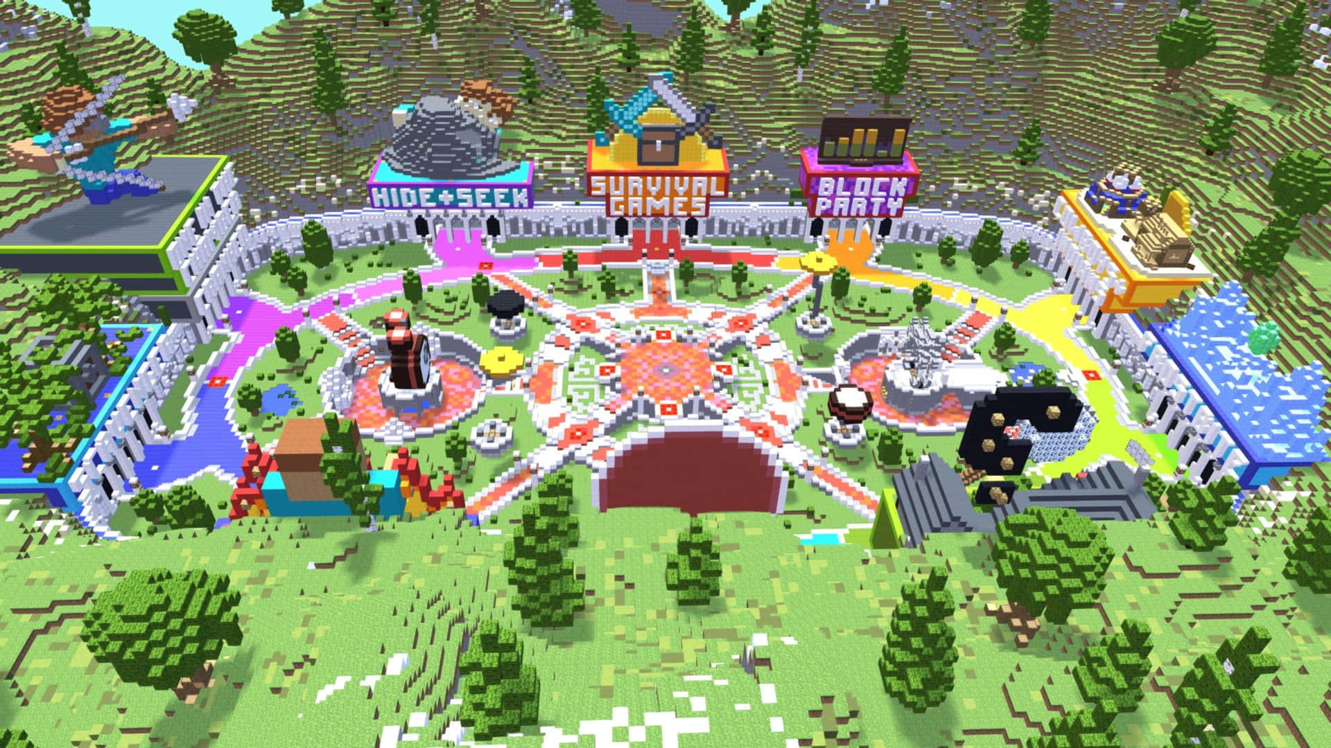 Minecraft Server, pixel-art game arena, blocky forest, Full HD Desktop Wallpaper