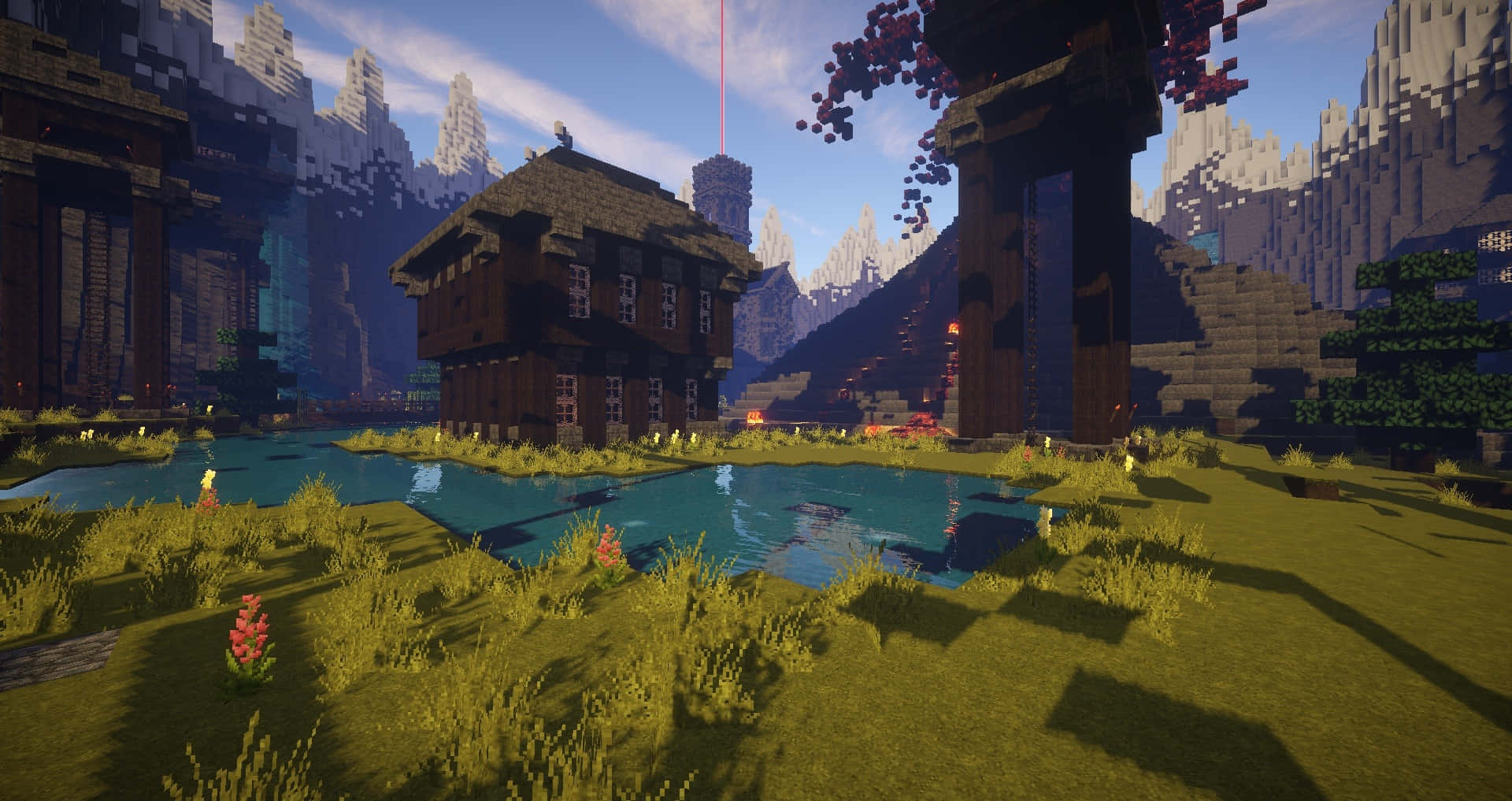 Minecraft Server, pixelated wooden cabin, calm pond, Full HD Desktop Wallpaper