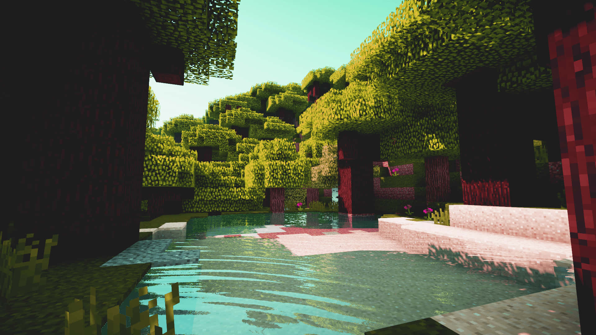 Minecraft Shaders, 1920 x 1080, pixelated Minecraft scene, Full HD Desktop Wallpaper