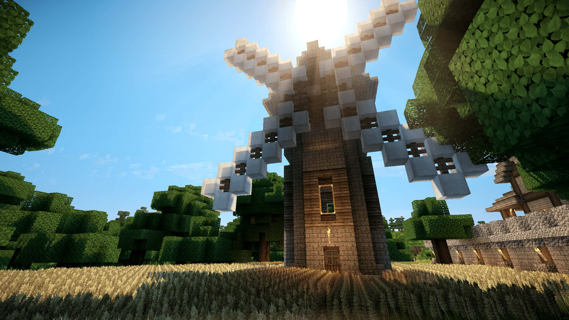 Minecraft Shaders, Minecraft windmill, blocky green trees, Full HD Desktop Wallpaper