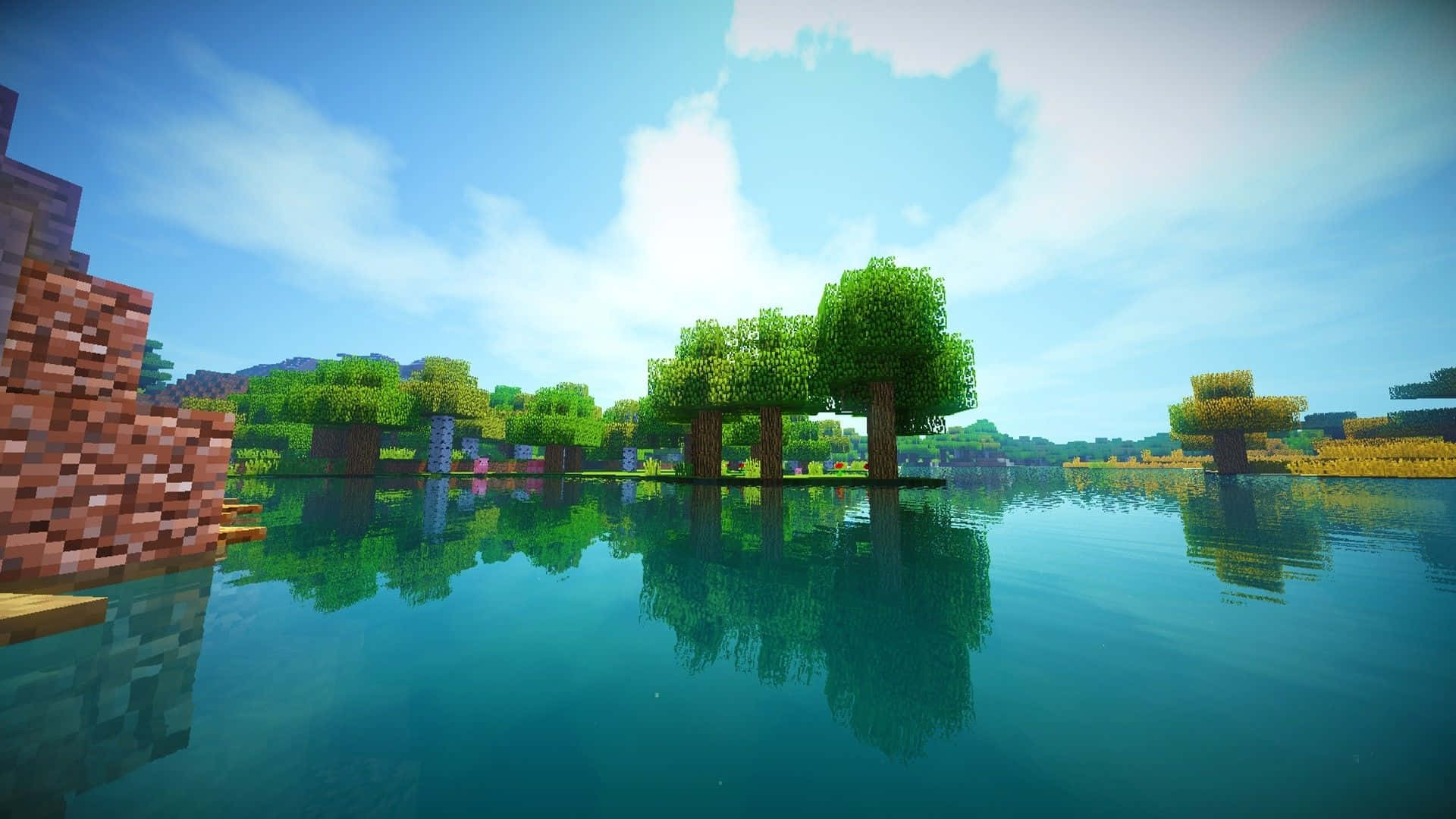 Minecraft Shaders, pixelated trees, blocks, Full HD Desktop Wallpaper