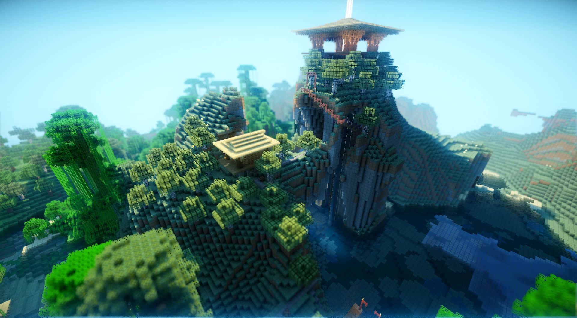 Minecraft, pixelated, mountain fortress, Full HD Desktop Wallpaper