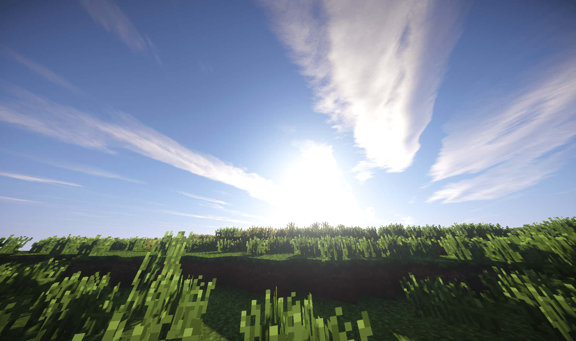 Minecraft Shaders, pixelated grassy field, blue sky, Full HD Desktop Wallpaper