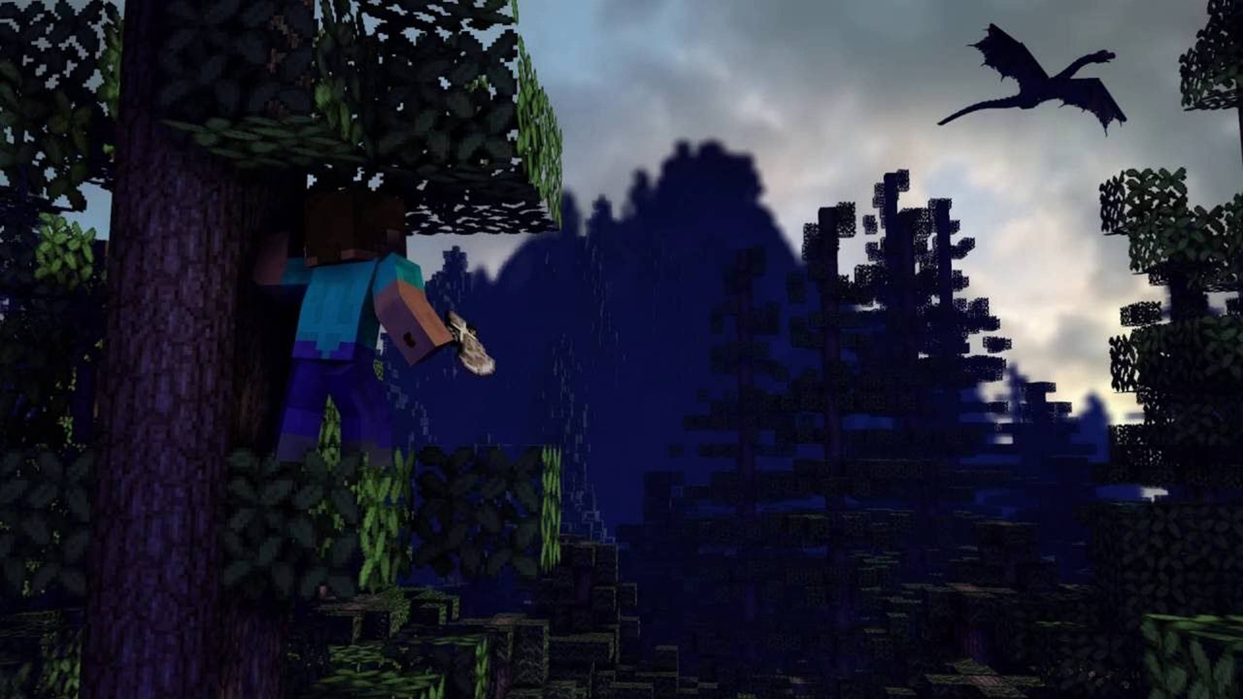 Minecraft, flying dragon, dark forest, 2K Desktop Wallpaper