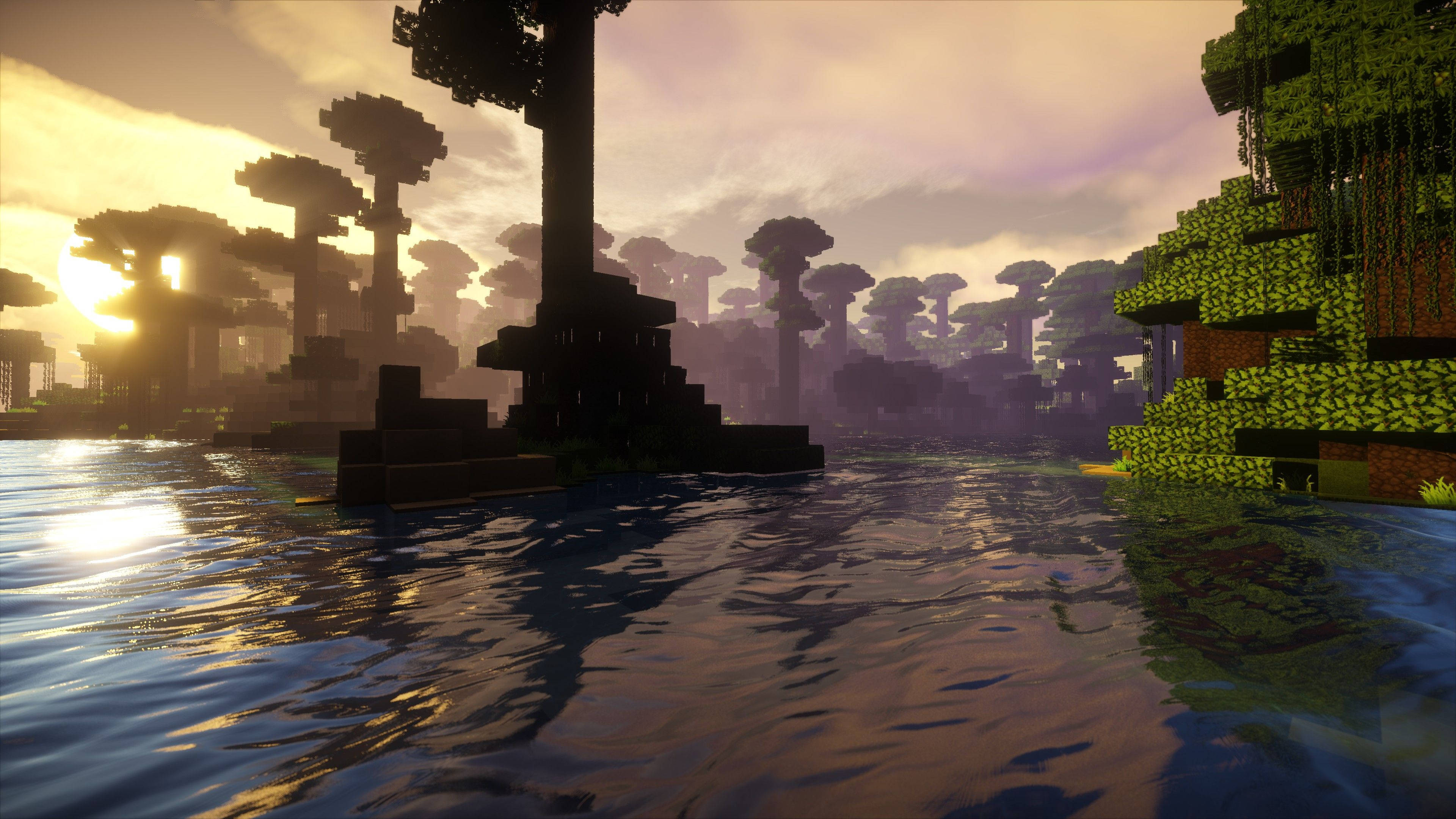 Minecraft, sunset, forest, 4K Desktop Wallpaper