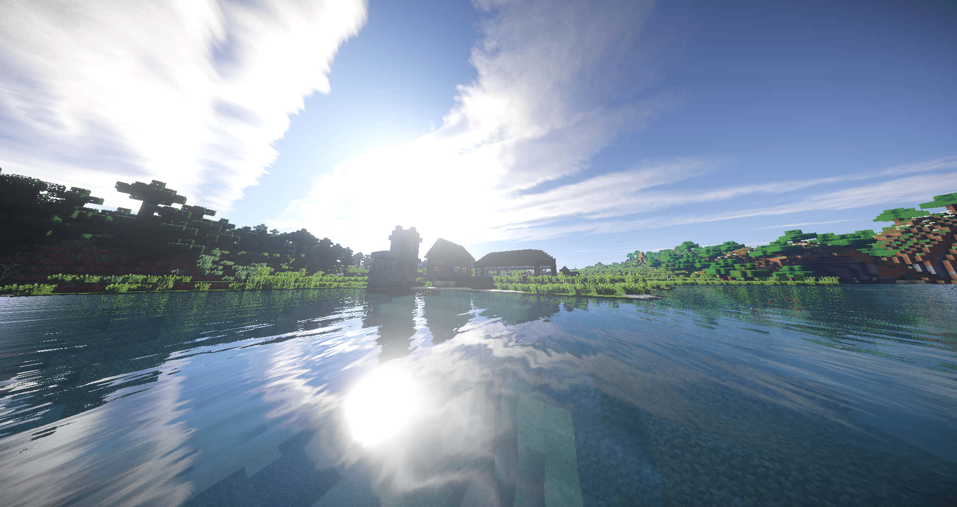 Minecraft, shaders, sunlit Minecraft village, Full HD Desktop Wallpaper