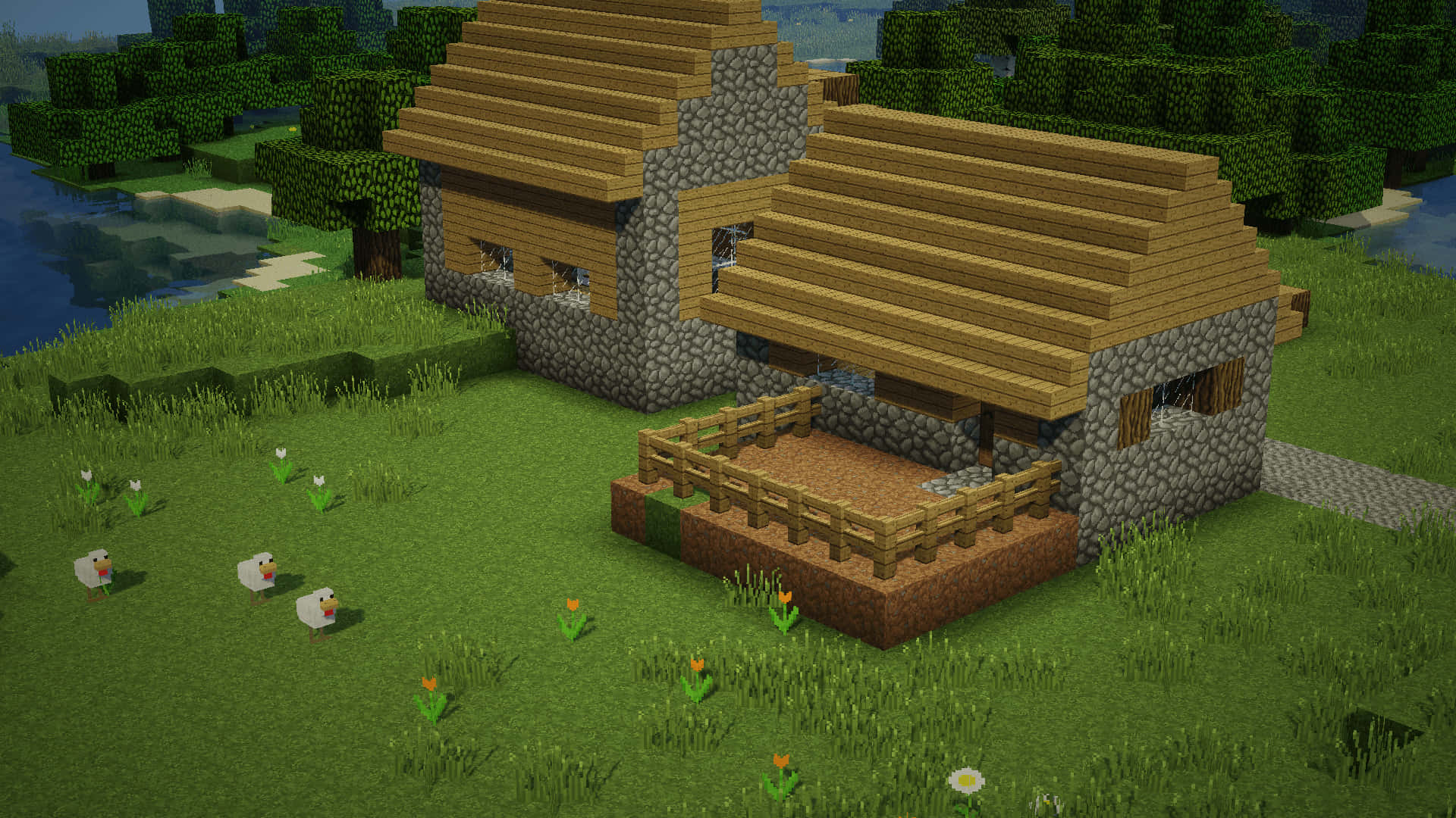 Minecraft, farmhouse, stone walls, Full HD Desktop Wallpaper