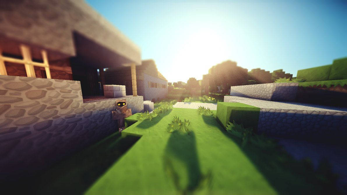 Minecraft, sunlit grassy village, stone houses, SD Desktop Wallpaper