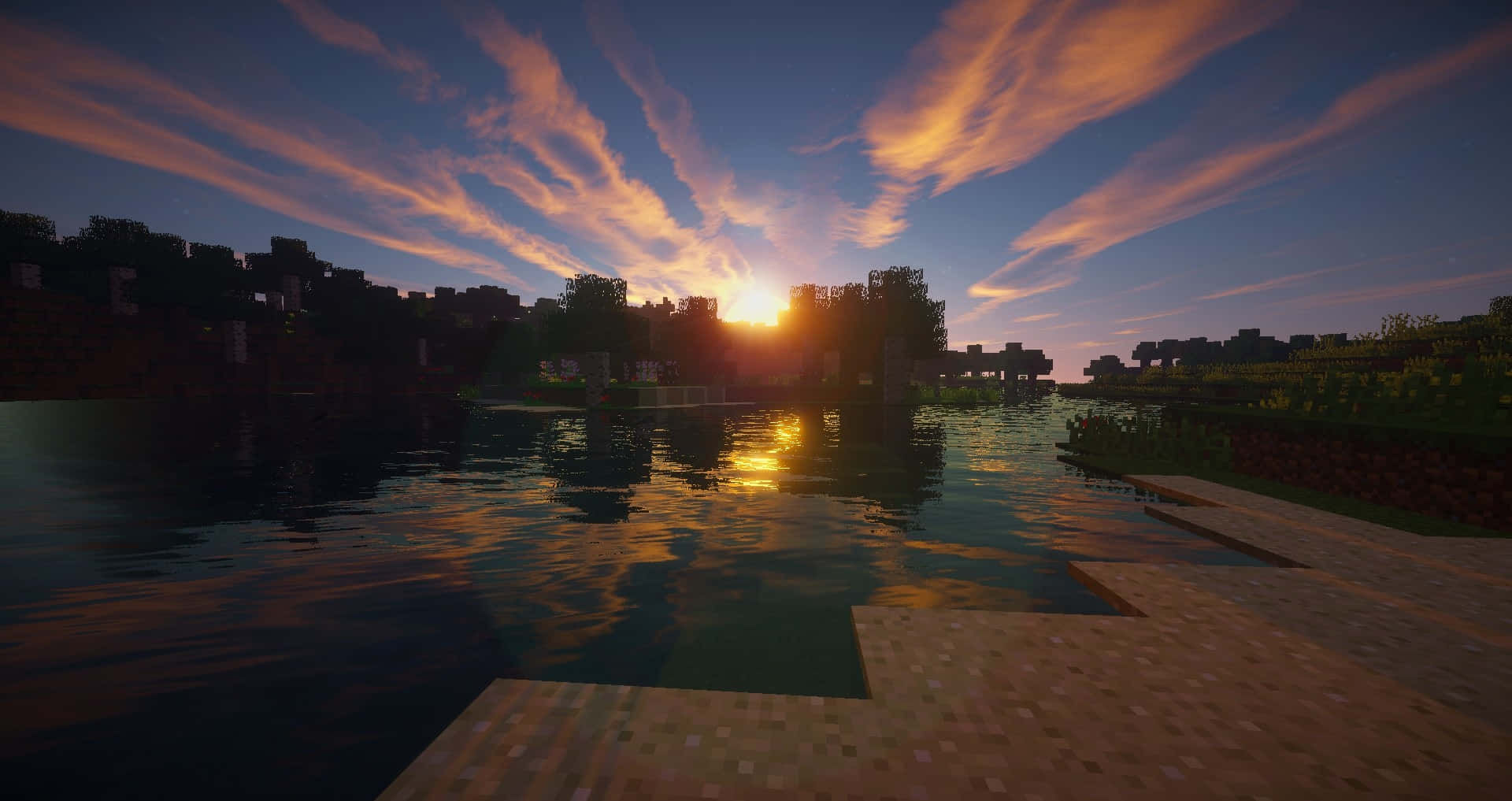 Minecraft, sunset, lake, Full HD Desktop Wallpaper