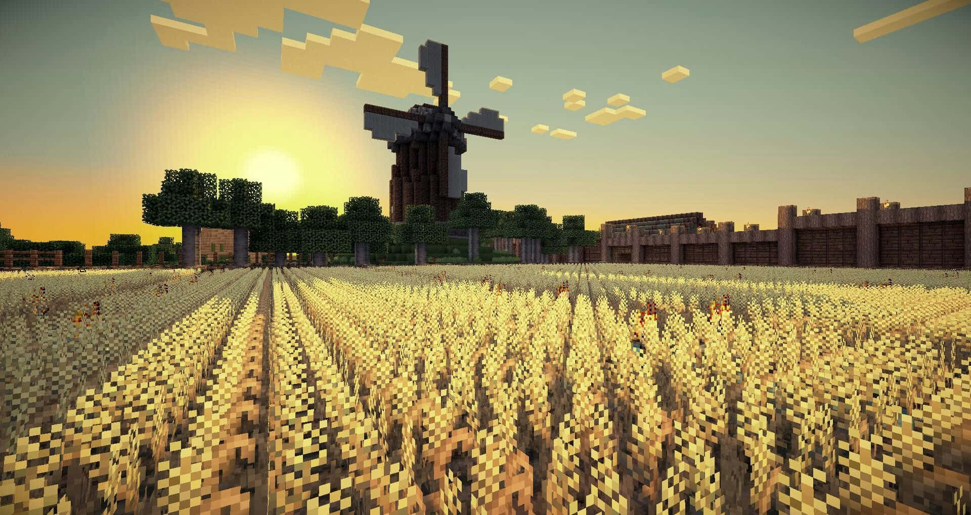 Minecraft, sunset, windmill, Full HD Desktop Wallpaper