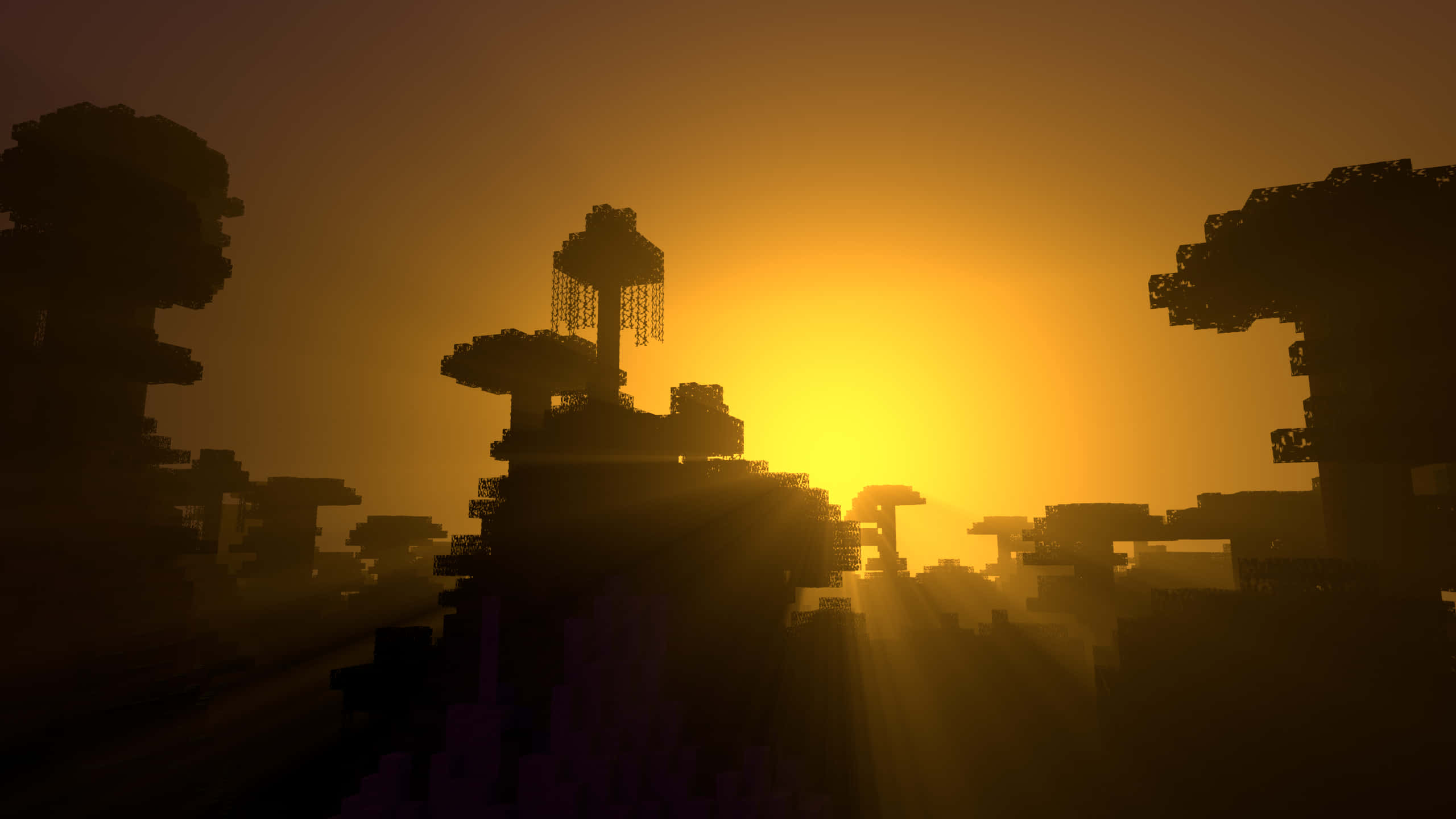 Minecraft, sunset, blocky Minecraft trees, 2K Desktop Wallpaper
