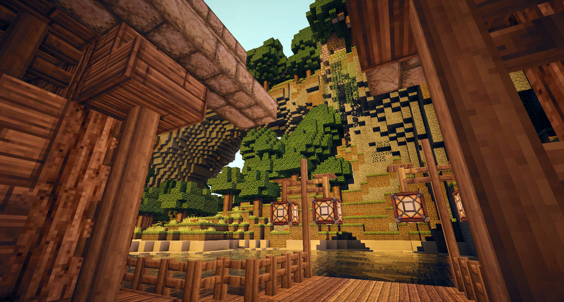 Minecraft, wooden Minecraft village porch, lush pixelated forest, Full HD Desktop Wallpaper