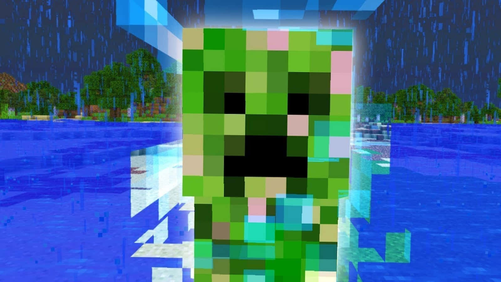Minecraft, charged creeper, rainy backdrop, HD Desktop Wallpaper
