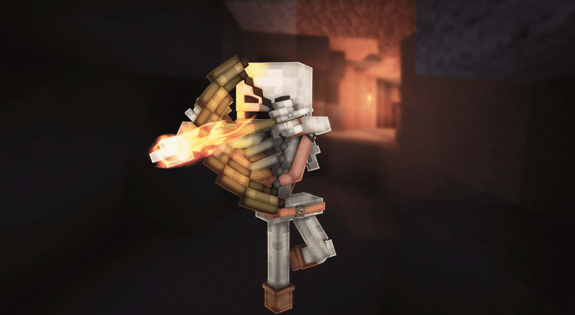 Minecraft Skeleton, flaming bow, dimly lit dungeon, HD Desktop Wallpaper