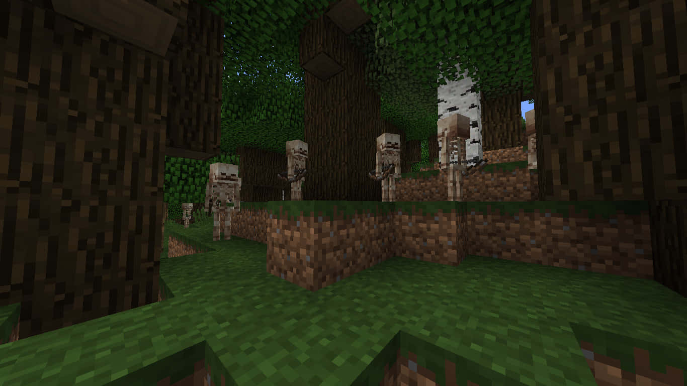 Minecraft Skeleton, pixelated forest, blocky trees, HD Desktop Wallpaper