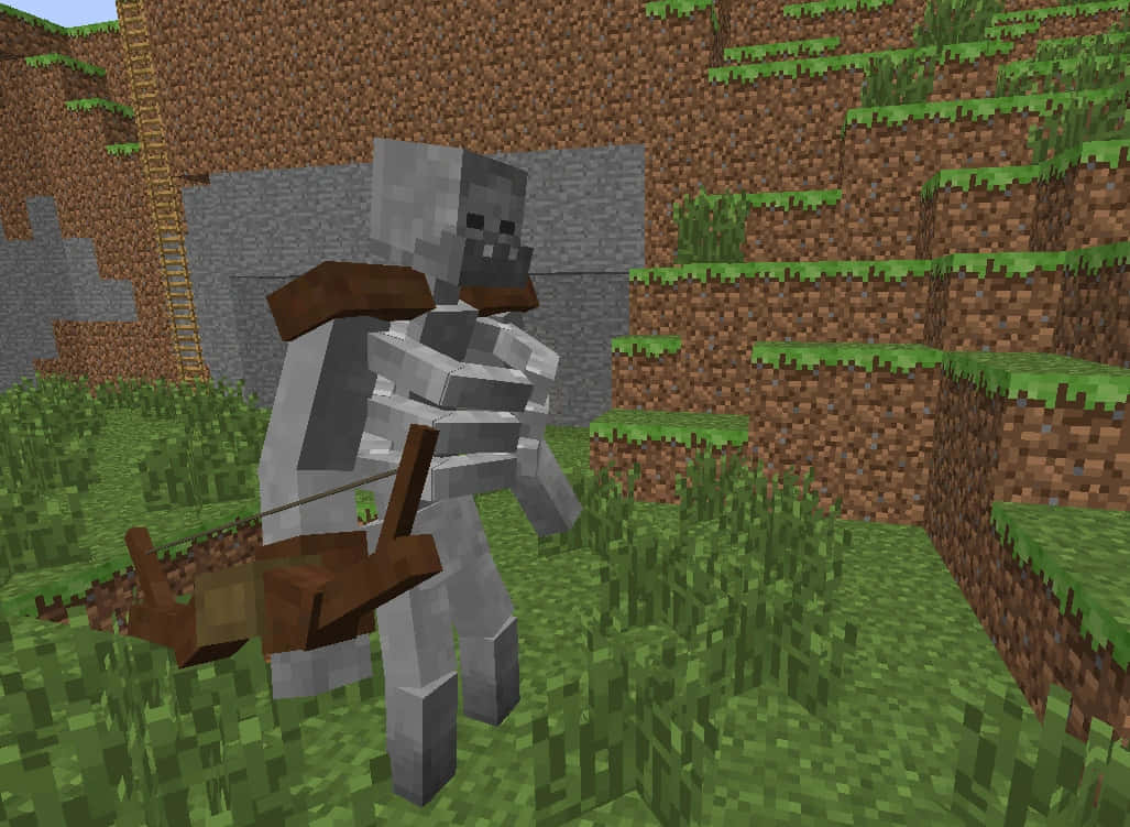 Minecraft Skeleton, wooden crossbow, grassy terrain, SD Desktop Wallpaper