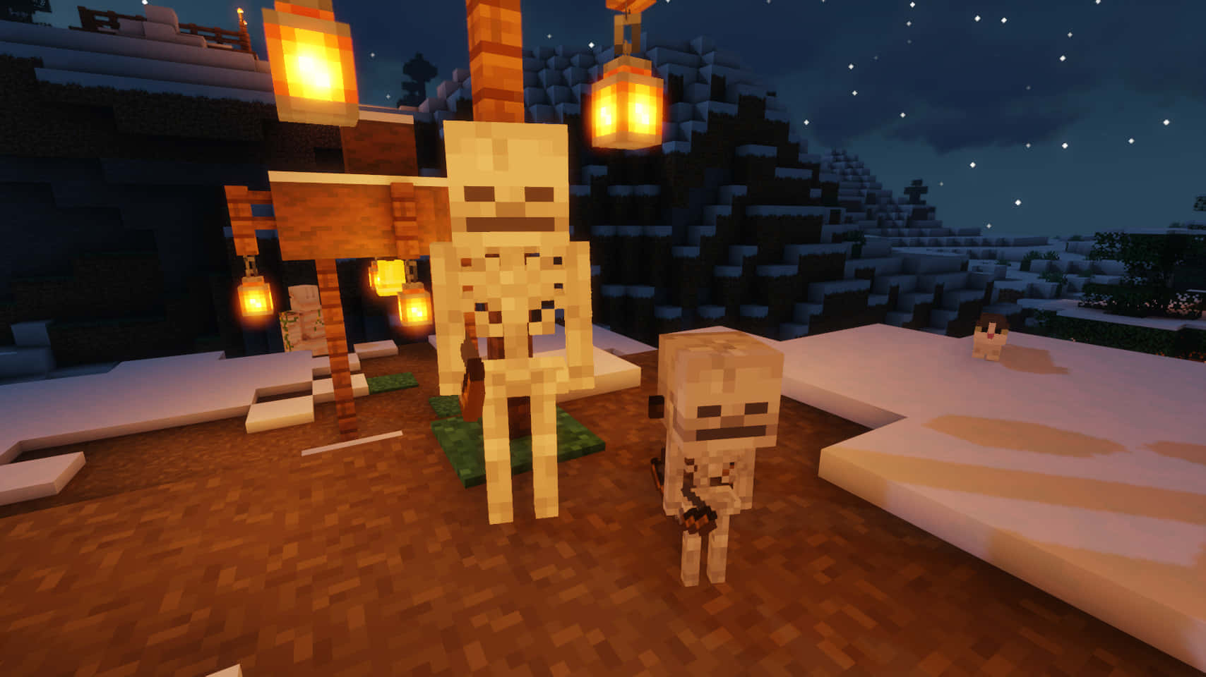 Minecraft Skeleton, bow, glowing lanterns, HD Desktop Wallpaper