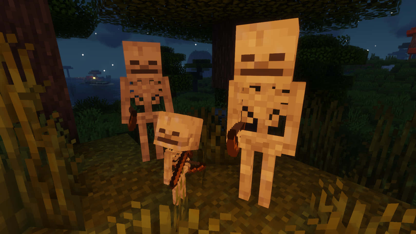 Minecraft Skeleton, night, blocky forest, HD Desktop Wallpaper
