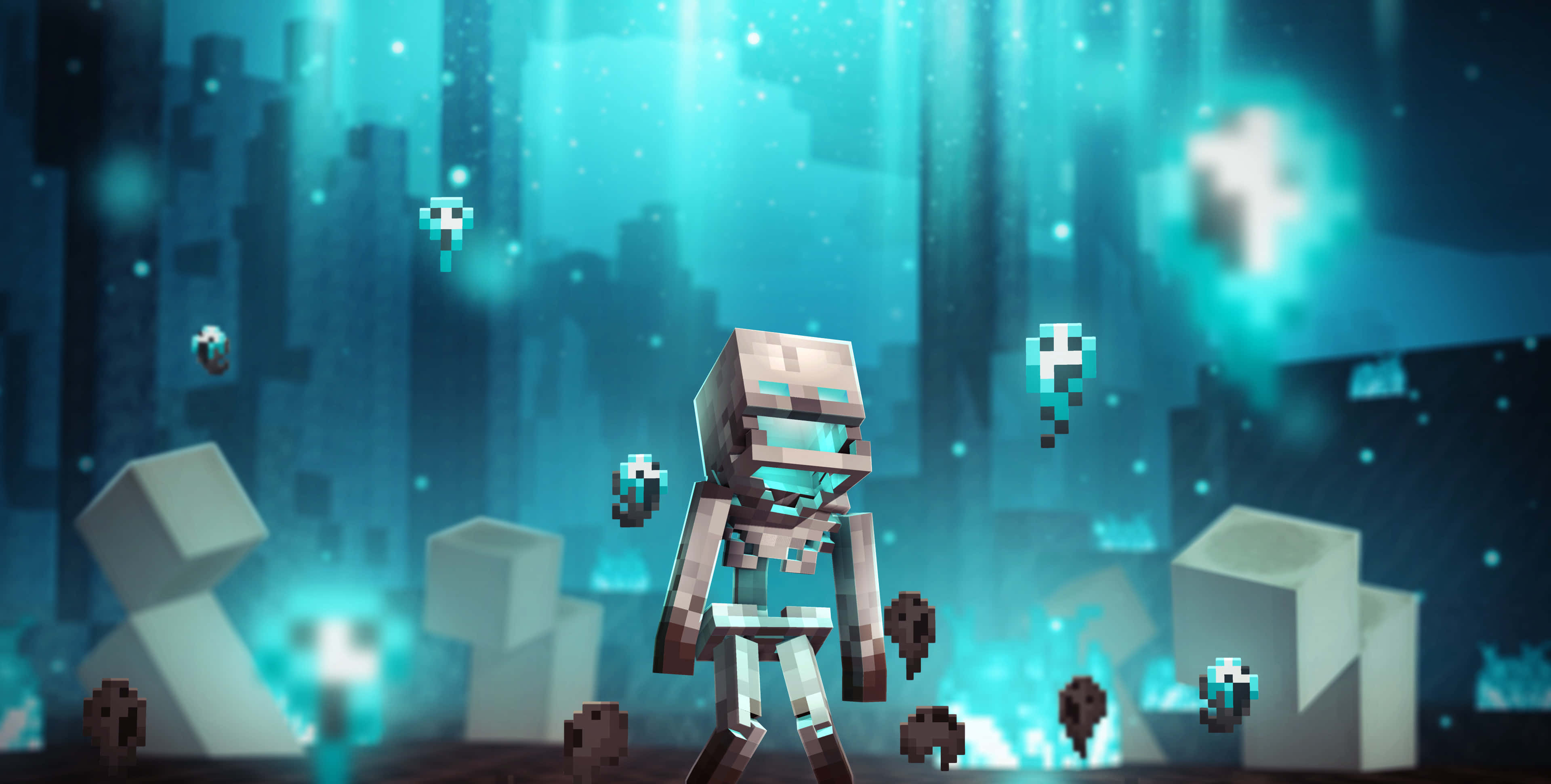 Minecraft Skeleton, glowing blue underwater cityscape, floating particles, 4K Desktop Wallpaper