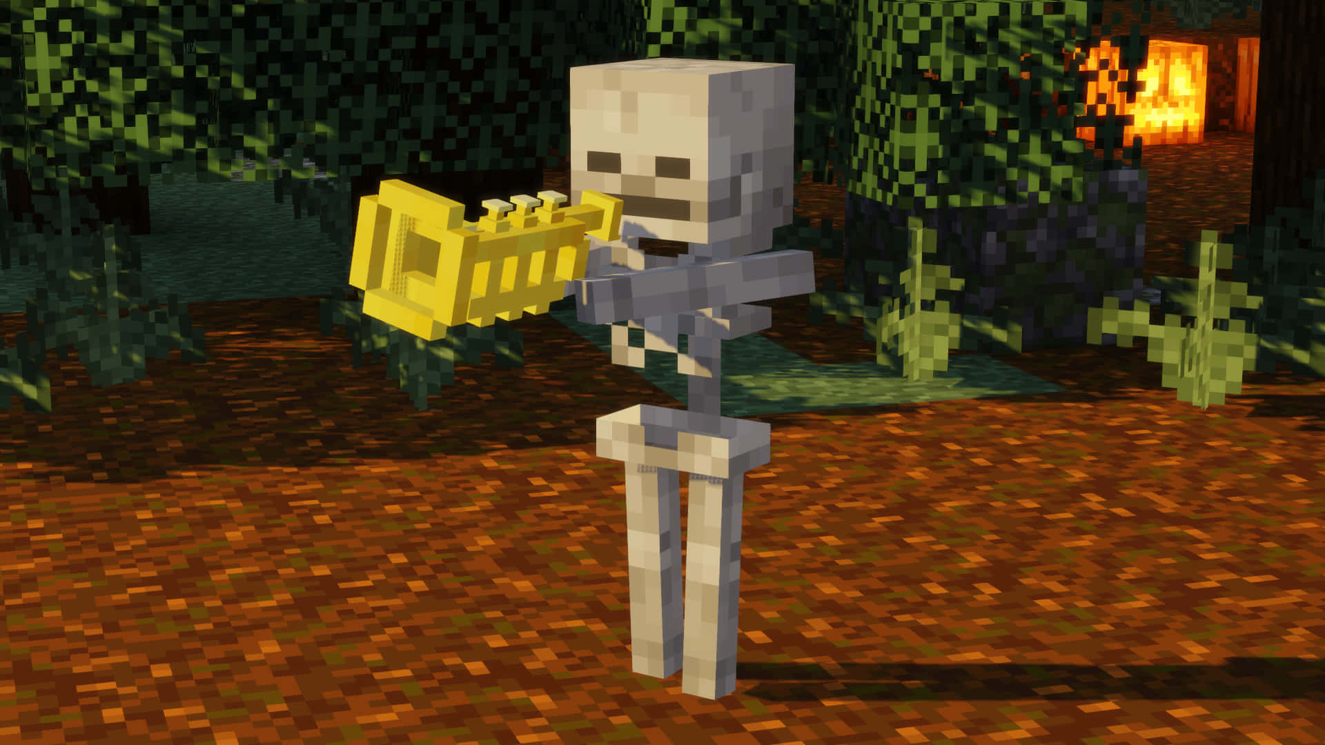 Minecraft Skeleton, golden trumpet, autumnal foliage, Full HD Desktop Wallpaper