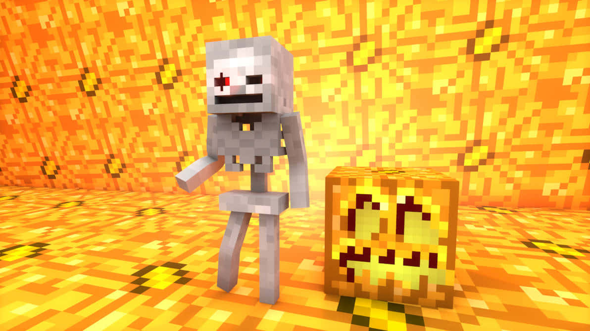 Minecraft Skeleton, glowing jack-o'-lantern, fiery orange Minecraft Nether landscape, SD Desktop Wallpaper