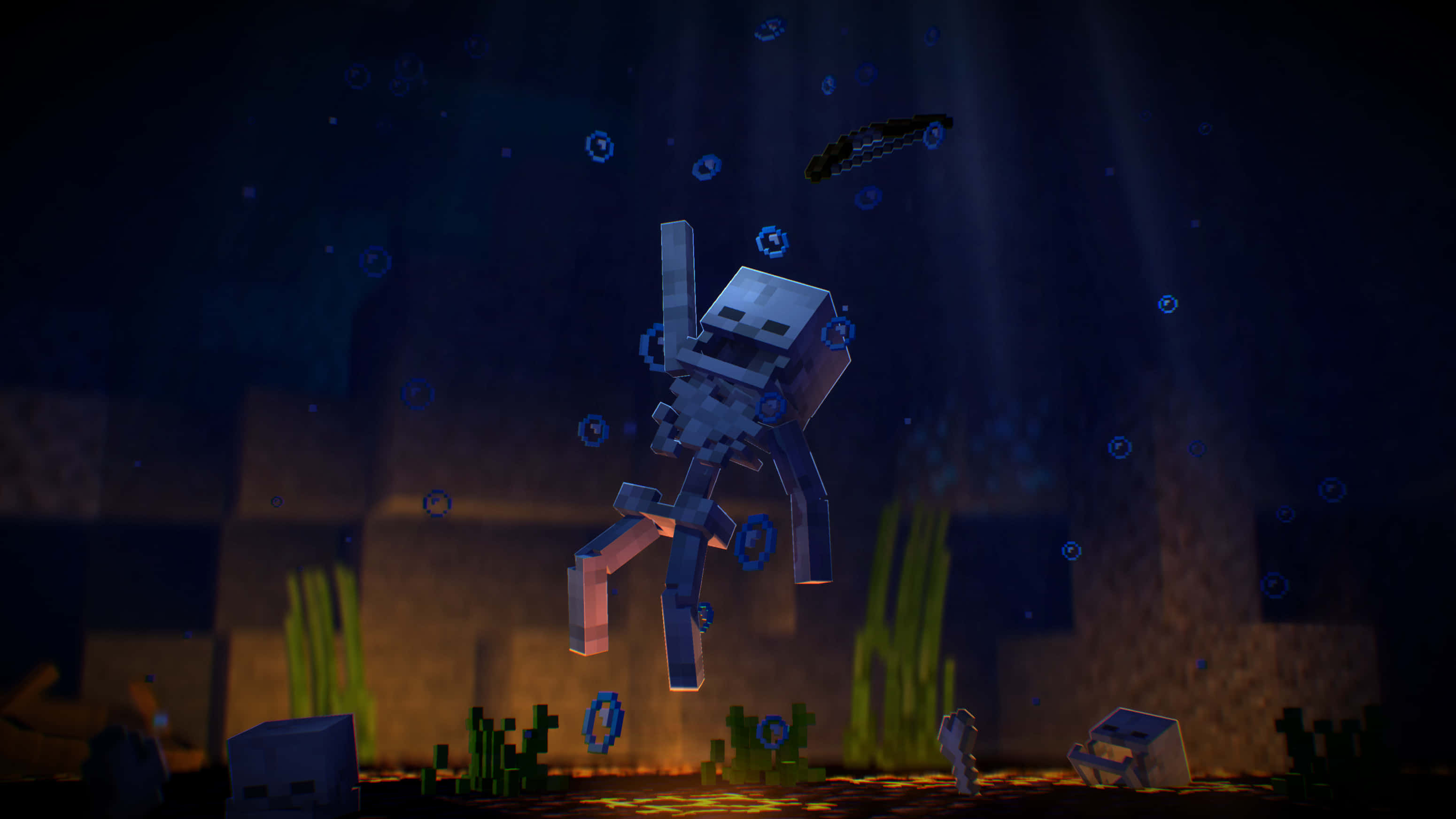 Minecraft Skeleton, pixelated skeleton diver, dark underwater cave, 2K Desktop Wallpaper