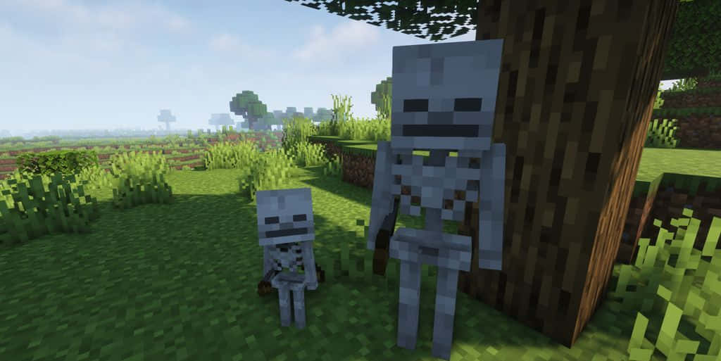 Minecraft Skeleton, grassy Minecraft field, tree, SD Desktop Wallpaper