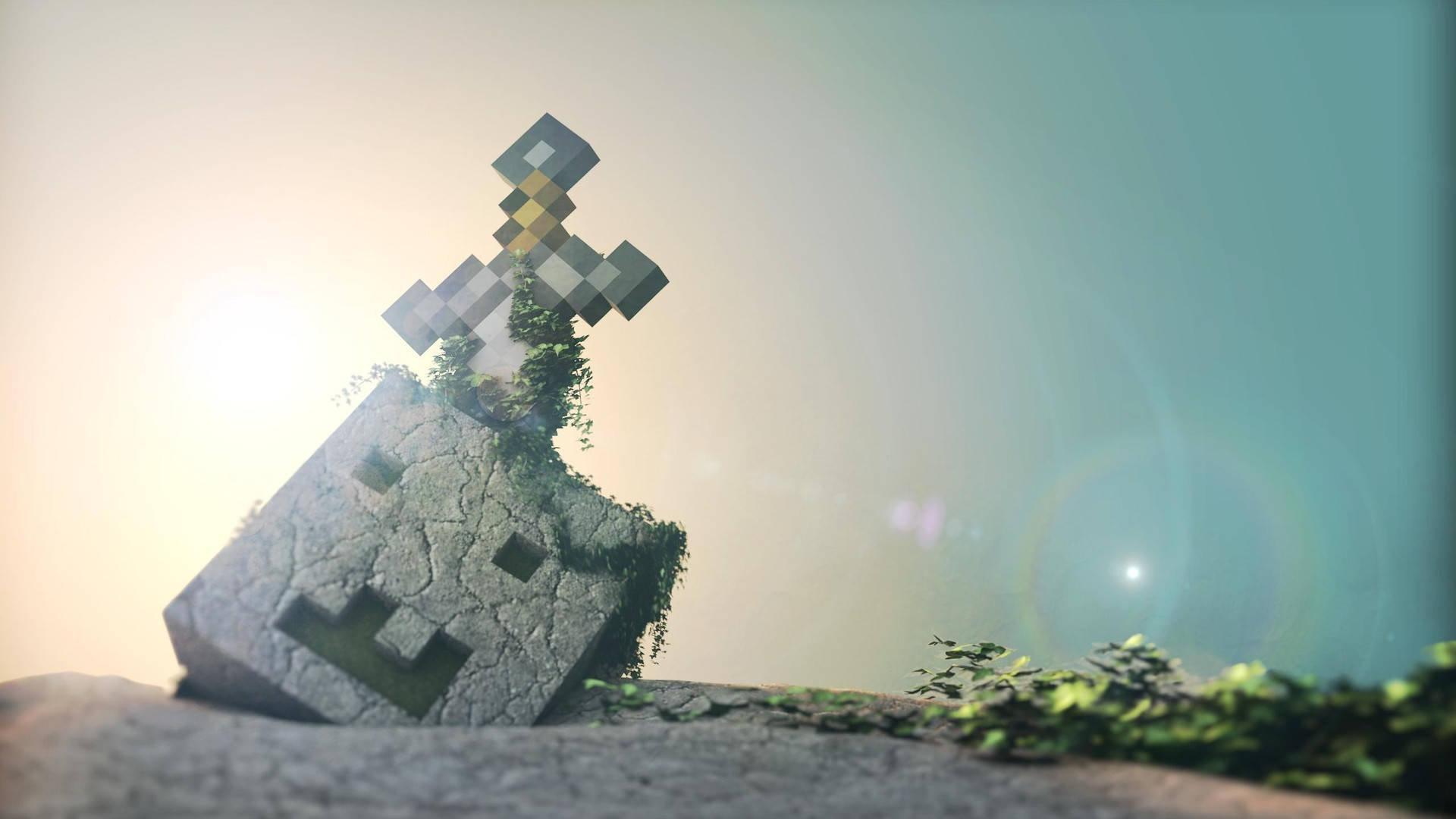 Minecraft, slain skeleton, pixelated Minecraft sword, Full HD Desktop Wallpaper