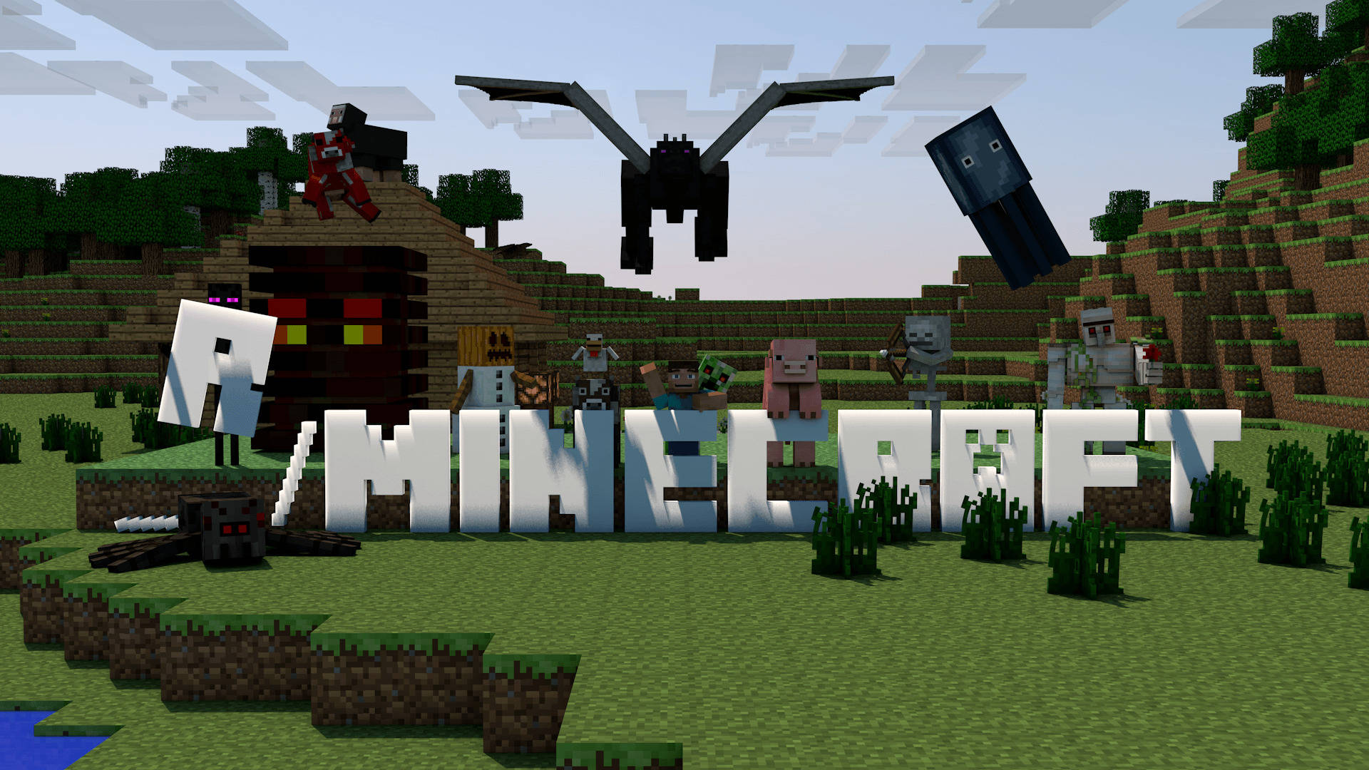 Minecraft, hostile mobs, pixelated grassy landscape, Full HD Desktop Wallpaper