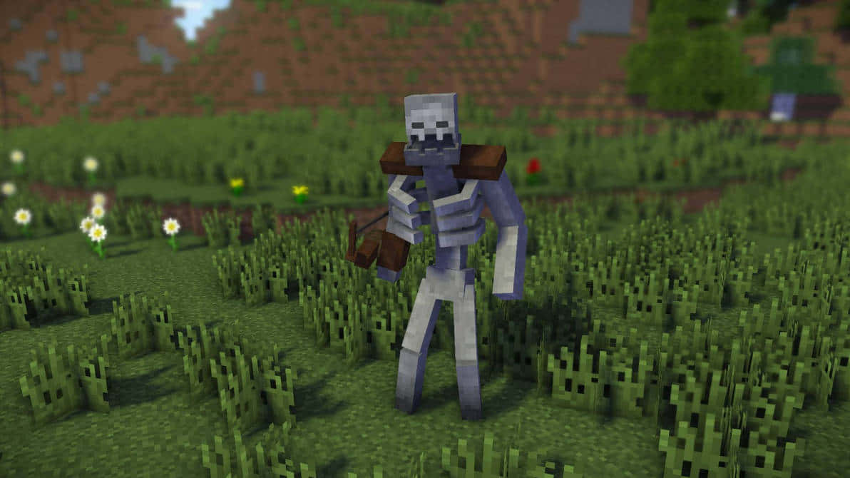 Minecraft Skeleton, grassy field, white and yellow flowers, SD Desktop Wallpaper