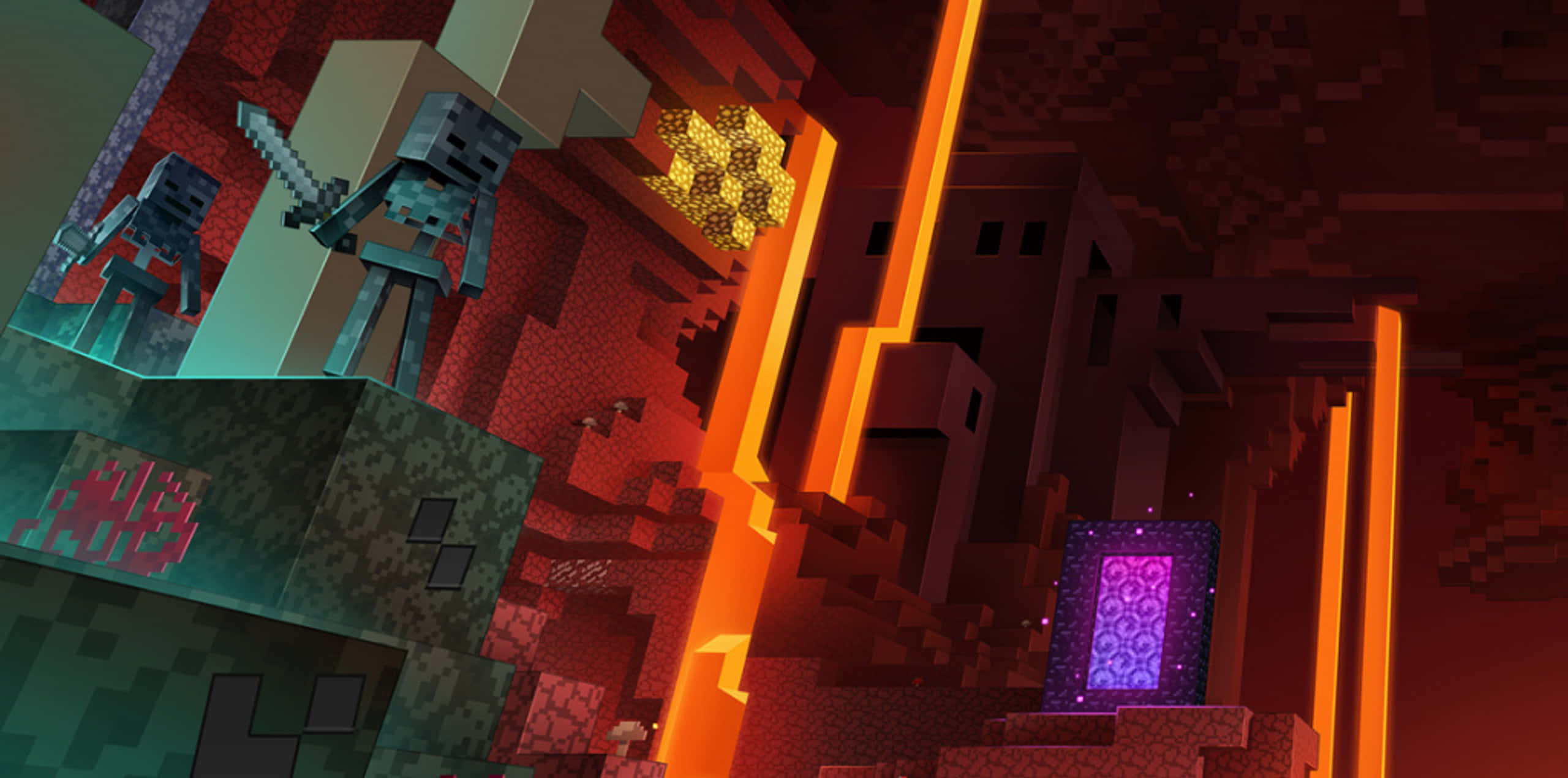 Minecraft, nether portal, skeletons, 2K Desktop Wallpaper
