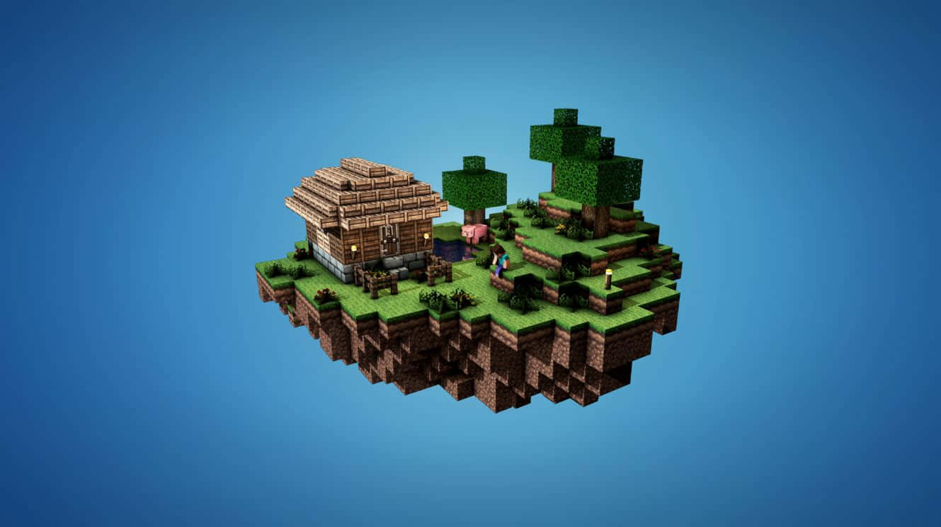 Minecraft Sky Block, wooden house, trees, HD Desktop Wallpaper