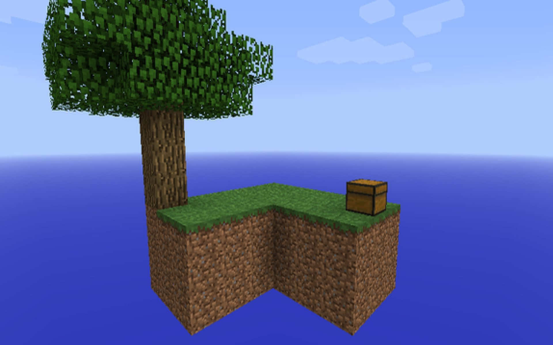 Minecraft Sky Block, floating grassy island, pixelated tree, Full HD Desktop Wallpaper