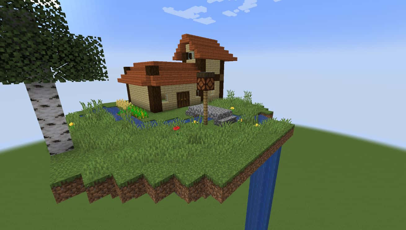 Minecraft Sky Block, pixelated Minecraft house, brown roof, HD Desktop Wallpaper