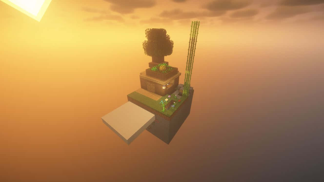 Minecraft Sky Block, sunset, tree house, HD Desktop Wallpaper